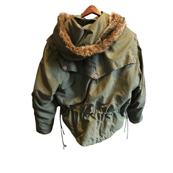Express French Country Olive‎ Green Hooded Faux Fur Lined Jacket Size S - Picture 9 of 10